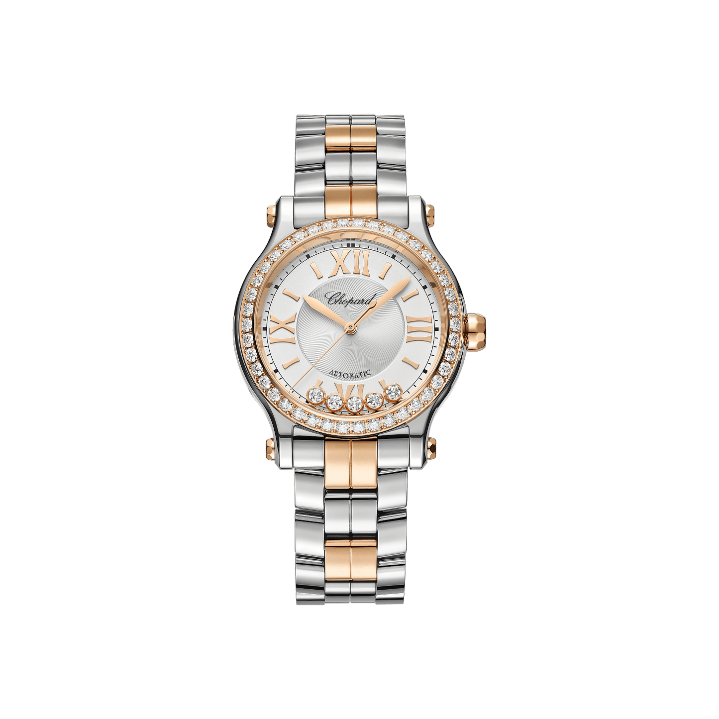 Chopard Happy Sport 33 mm Silver Dial with Diamonds 18K Rose Gold And Stainless Steel Bracelet 278608-6004