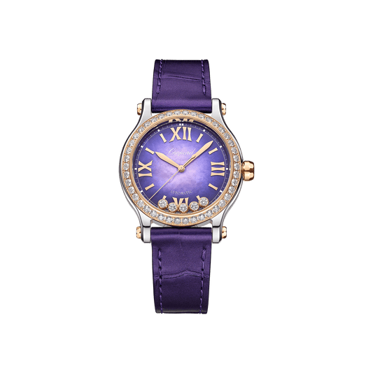 Chopard Happy Sport 33 mm Purple Textured Mother-Of-Pearl Dial with Diamonds 18K Rose Gold And Stainless Steel Alligator Leather Strap 278608-6012