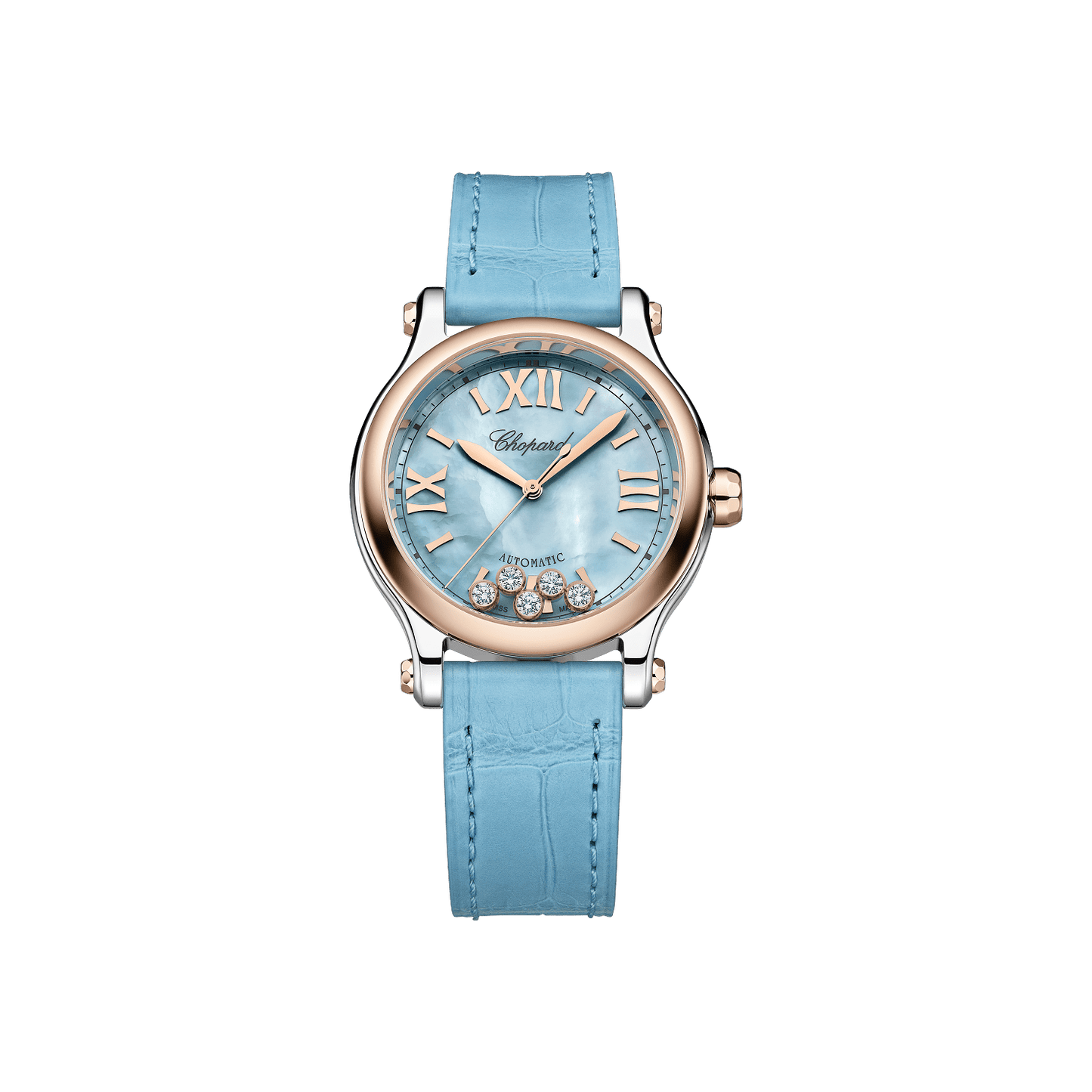 Chopard Happy Sport 33 mm Turquoise Textured Mother-Of-Pearl Dial with Diamonds 18K Rose Gold And Stainless Steel Alligator Leather Strap 278608-6013