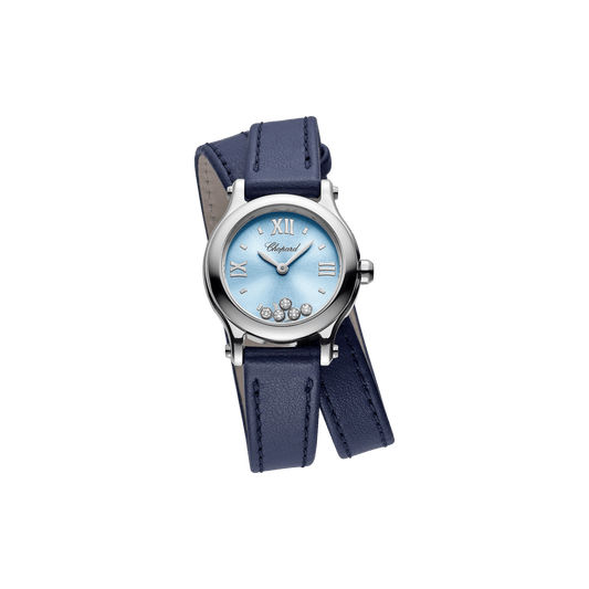 Chopard Happy Sport 25 mm Blue Dial with Diamonds Stainless Steel Calfskin Leather Strap 278620-3003