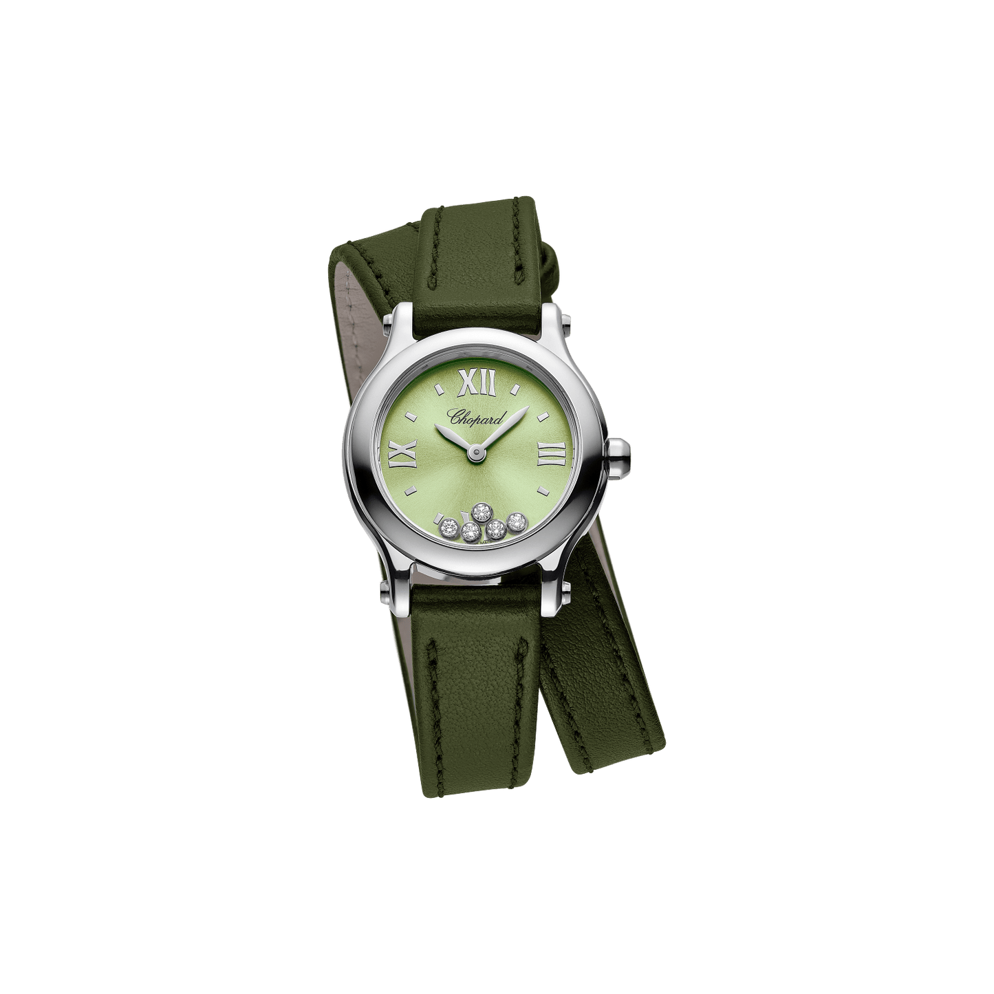 Chopard Happy Sport 25 mm Green Dial with Diamonds Stainless Steel Calfskin Leather Strap 278620-3005