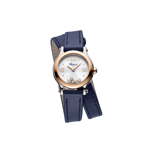 Chopard Happy Sport 25 mm Silver Dial with Diamonds 18K Rose Gold And Stainless Steel Calfskin Leather Strap 278620-6001