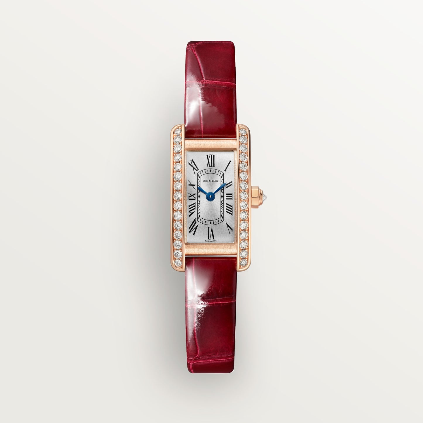 Cartier Tank Américaine Mini 18k Rose Gold Silvered Sunray Dial Shiny Red Alligator Skin Strap WJTA0041