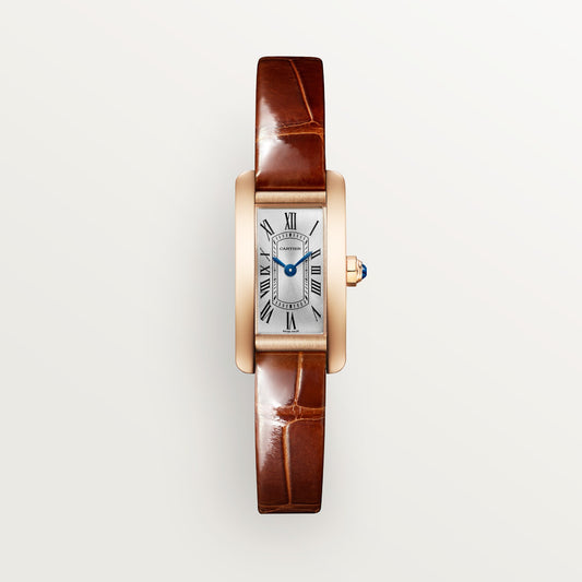 Cartier Tank Américaine Mini 18k Rose Gold Silver Sunray Dial Dark Brown Shiny Alligator Skin Strap WGTA0132