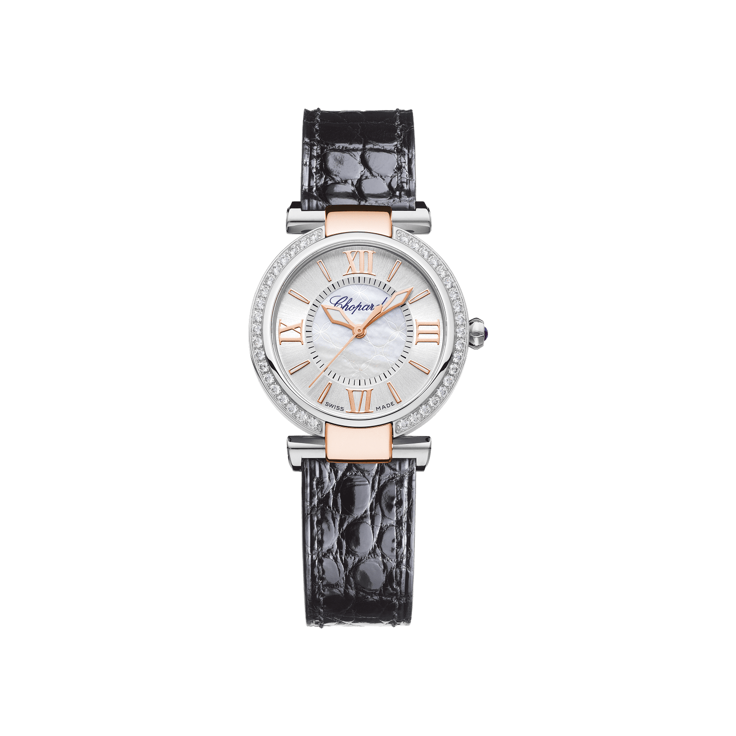 Chopard IMPERIALE 29 mm Silver Mother-Of-Pearl Dial with Diamonds 18K Rose Gold And Stainless Steel Alligator Leather Strap 388563-6007