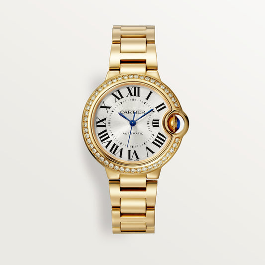 Cartier Ballon Bleu 33 mm Yellow Gold Silver Sunray Dial Bracelet WJBB0069