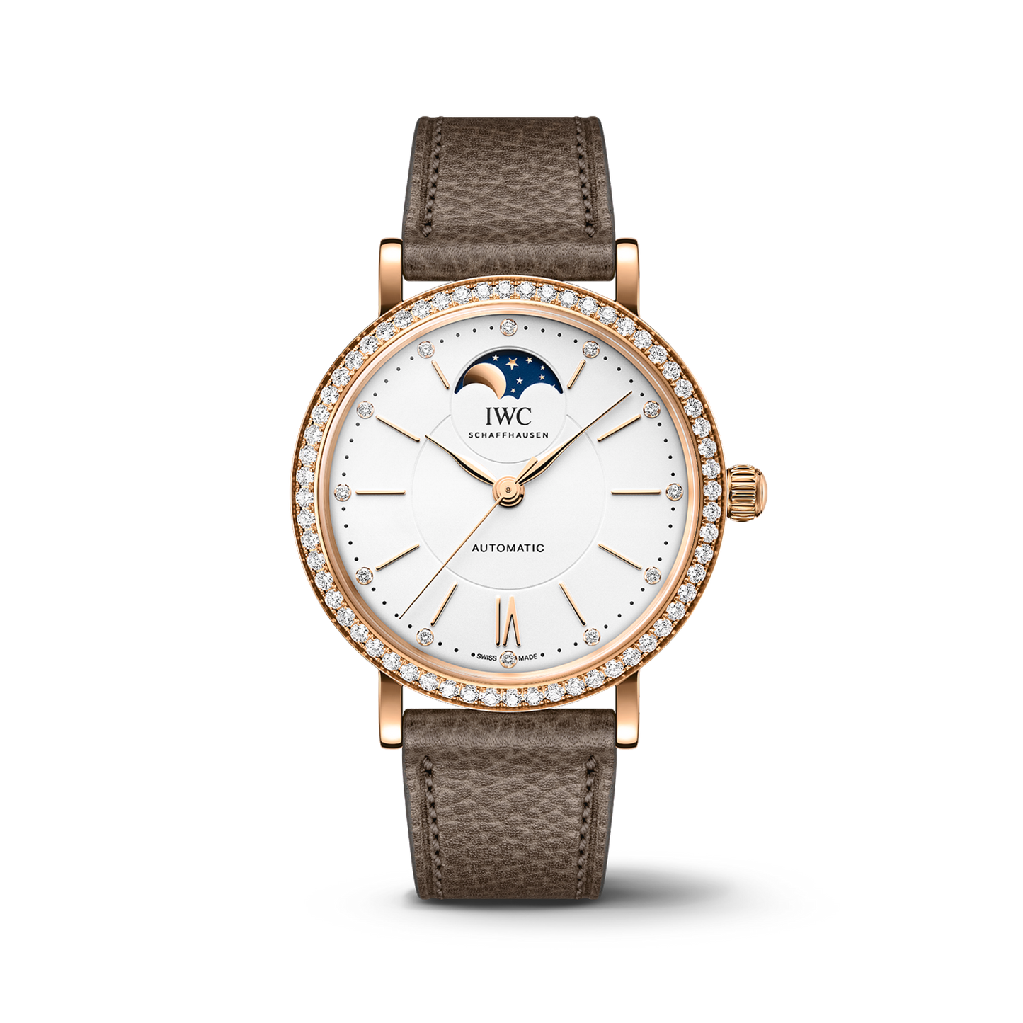 IWC Schaffhausen Portofino Automatic Moon Phase 37.1 mm Silver  Dial 18 Kt 5N Gold Case Taupe Calfskin Strap IW659602