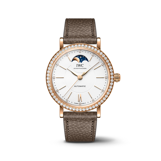 IWC Schaffhausen Portofino Automatic Moon Phase 37.1 mm Silver  Dial 18 Kt 5N Gold Case Taupe Calfskin Strap IW659602