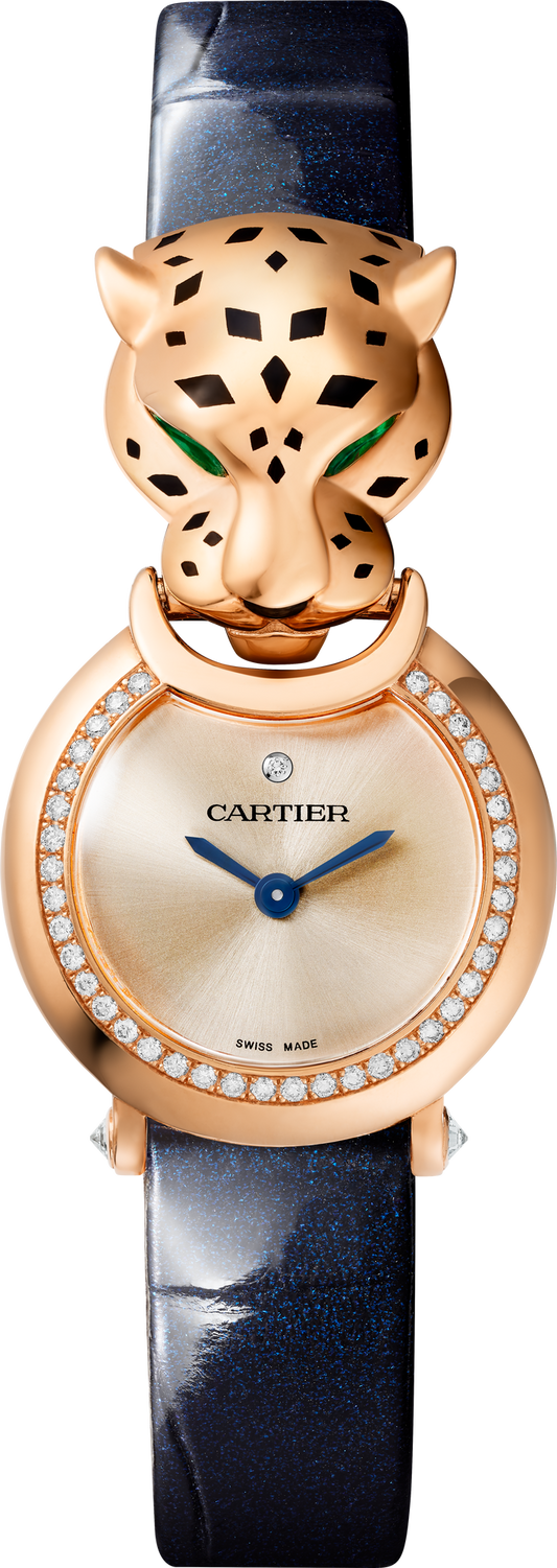 Cartier Panthère 23.6 mm 18k Rose Gold Golden Dial Blue Alligator Leather Strap HPI01609