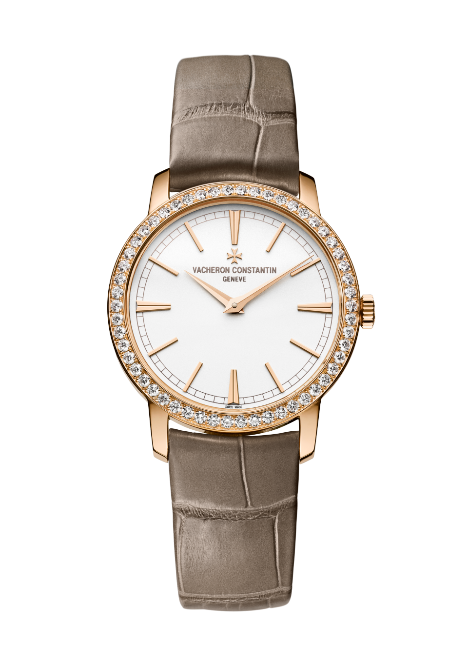 Vacheron Constantin Traditionnelle manual-winding 33 mm Silver Dial with Diamonds 18K Pink Gold Alligator Leather Strap 81590/000R-9847