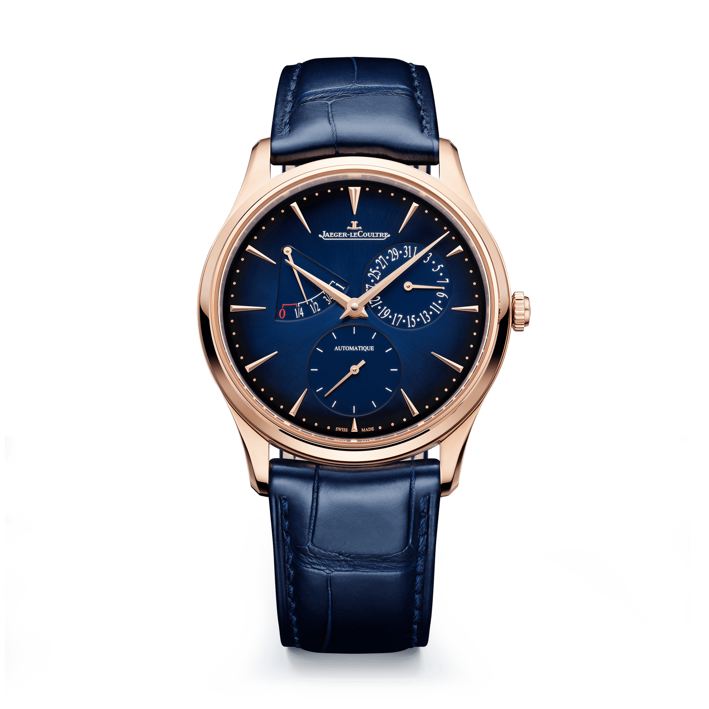 Jaeger-LeCoultre Master Ultra Thin Power Reserve 39 mm Blue Dial Pink Gold Alligator Leather Strap Q137258J