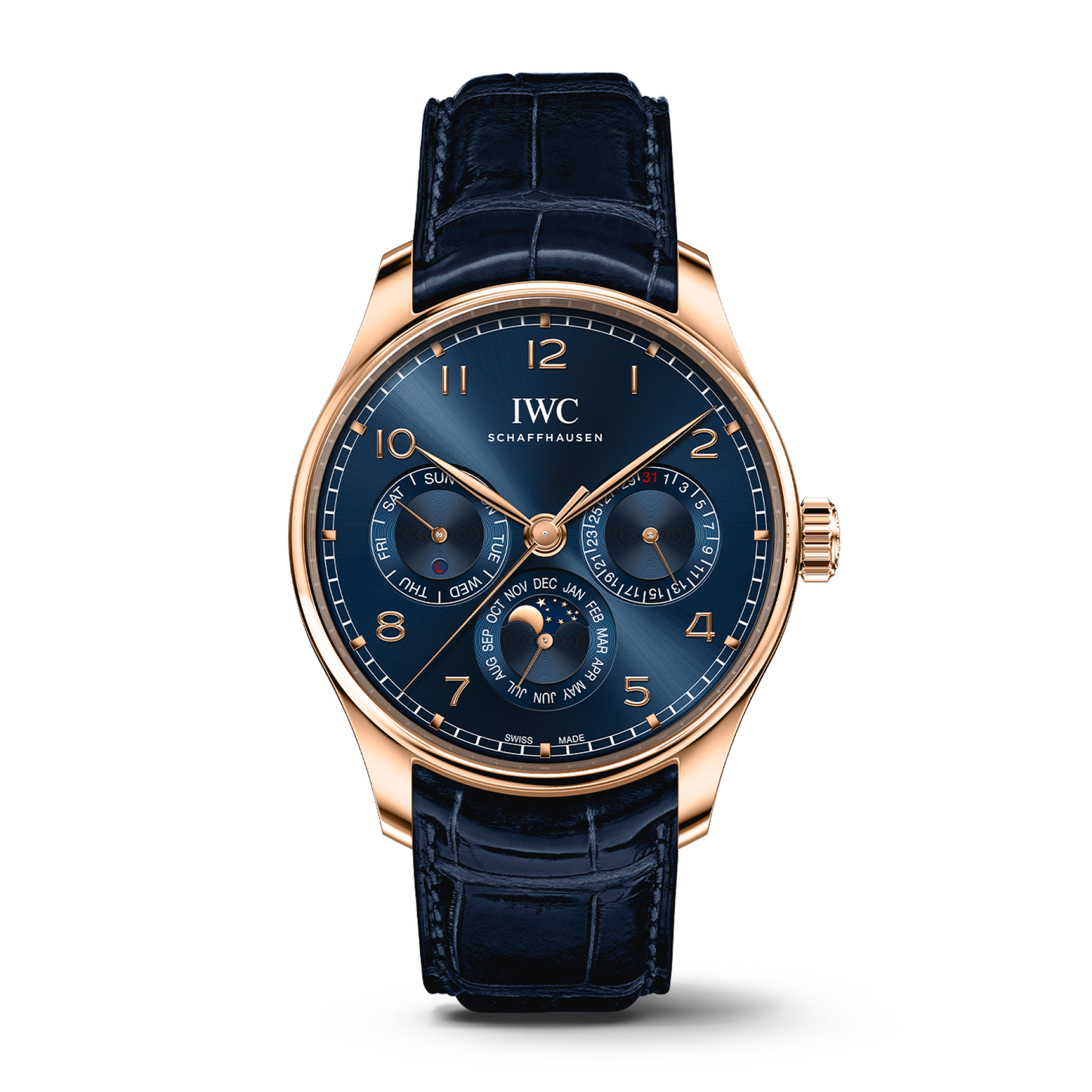 IWC Schaffhausen Portugieser Perpetual Calendar 42.4 mm Blue Dial 18k 5N Gold Blue Alligator Leather Strap IW344205