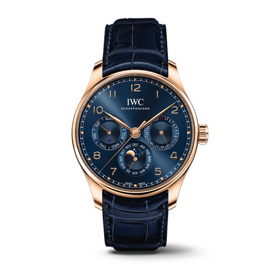 IWC Schaffhausen Portugieser Perpetual Calendar 42.4 mm Blue Dial 18k 5N Gold Blue Alligator Leather Strap IW344205