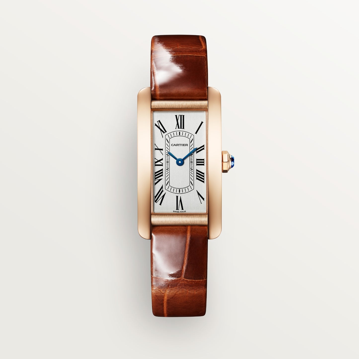 Cartier Tank Américaine  Small 18k Rose Gold Silver Dial Dark Brown Shiny Alligator Skin Strap WGTA0133