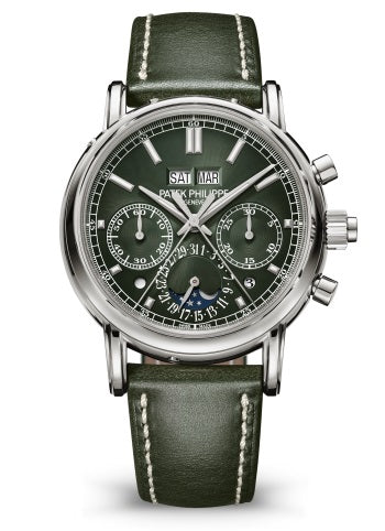 Patek Philippe Geneve Grand Complications 40 mm Olive Green Dial White Gold Calfskin Leather Strap 5204G-001