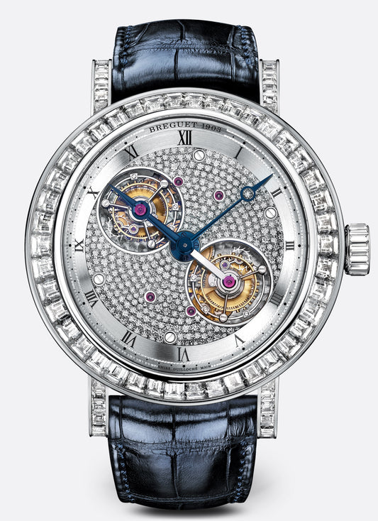 Breguet Classique 50 mm Diamond Paved Dial Platinum Dark Blue Leather Strap 5349PT/11/9YV/DD0D