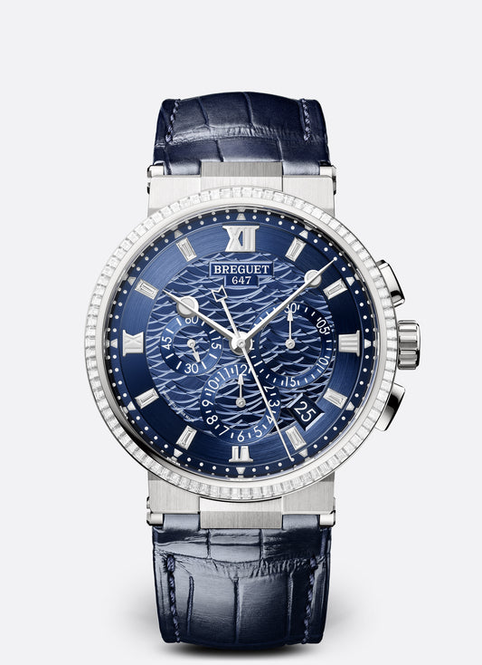 Breguet Marine 42.3 mm Blue Dial with Diamonds White Gold Black Leather Strap 5529BB/YD/9WV/D0