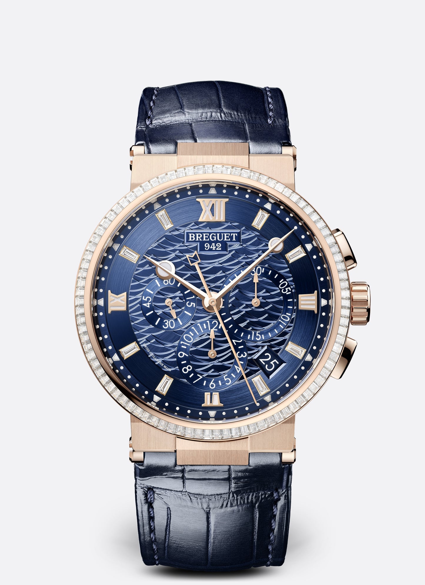 Breguet Marine 42.3 mm Blue Dial with Diamonds 18k Rose Gold Black Leather Strap 5529BR/YD/9WV/D0