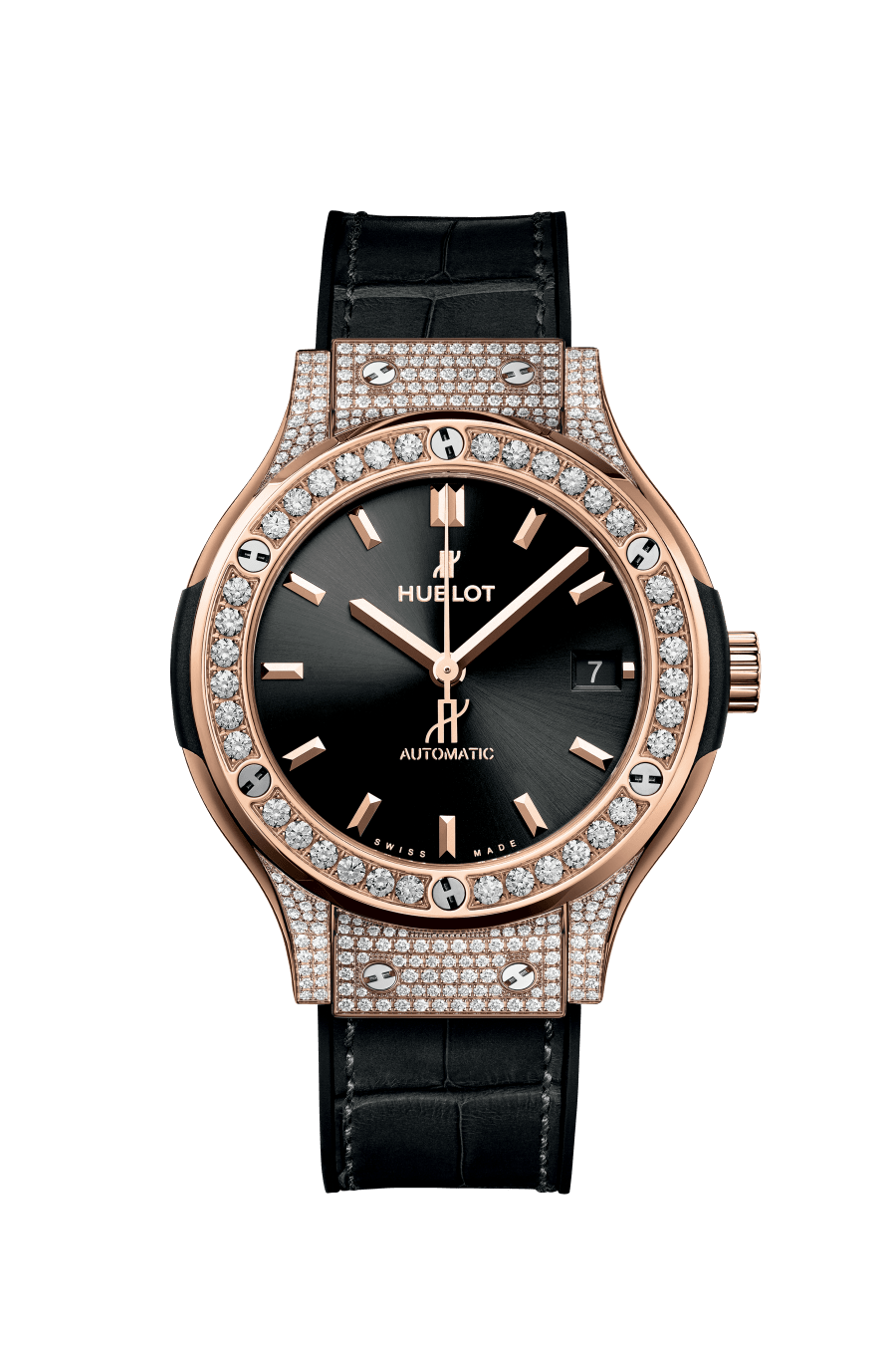 Hublot Classic Fusion King Gold Pavé 38 mm Black Dial with Diamonds Polished 18K King Gold Alligator Leather Strap 565.OX.1480.LR.1604