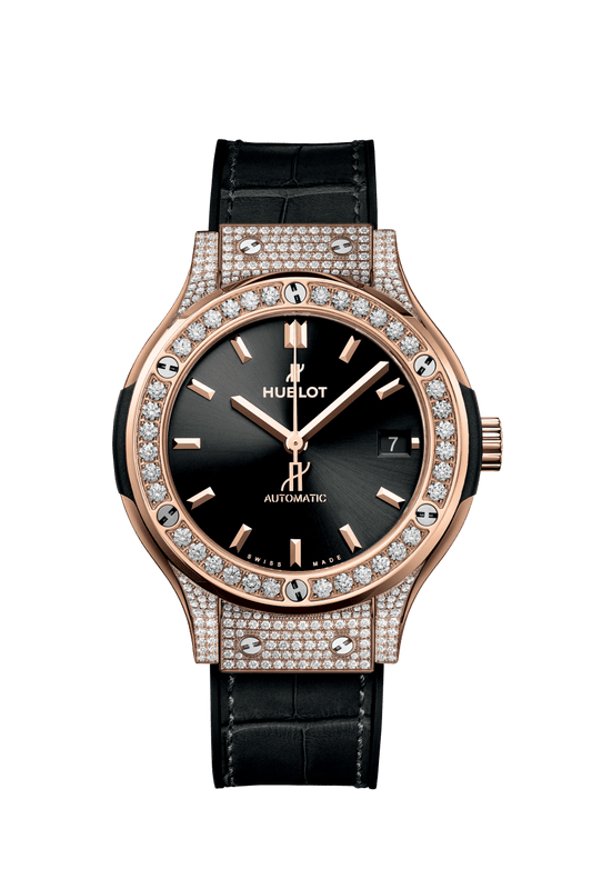 Hublot Classic Fusion King Gold Pavé 38 mm Black Dial with Diamonds Polished 18K King Gold Alligator Leather Strap 565.OX.1480.LR.1604