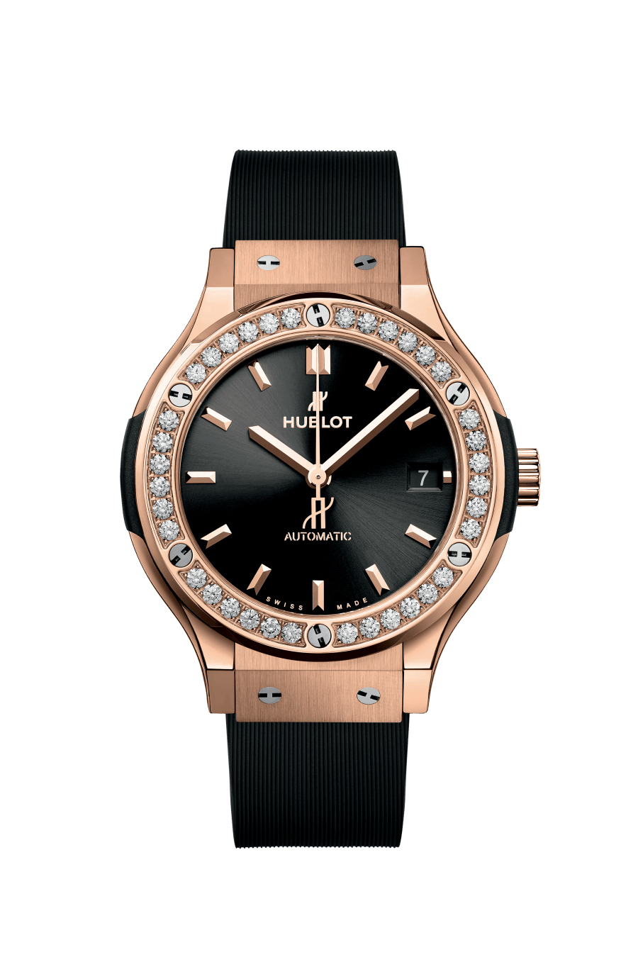 Hublot Classic Fusion King Gold Diamonds 38 mm Black Dial with Diamonds Polished 18K King Gold Rubber Strap 565.OX.1480.RX.1204