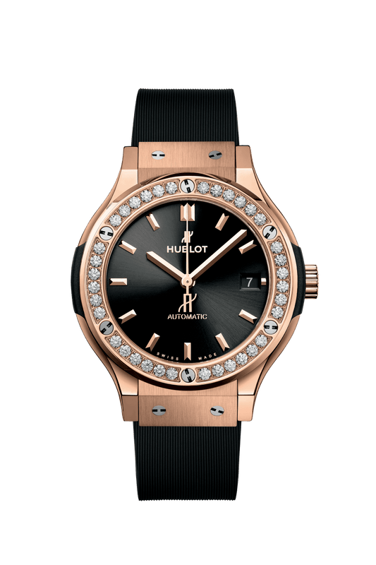 Hublot Classic Fusion King Gold Diamonds 38 mm Black Dial with Diamonds Polished 18K King Gold Rubber Strap 565.OX.1480.RX.1204