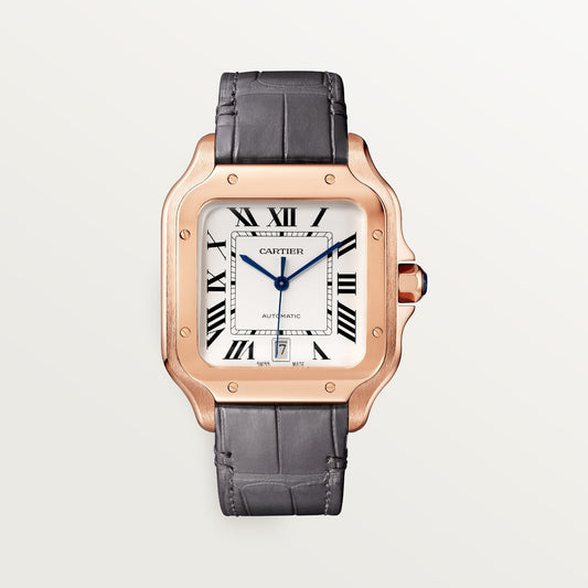 Cartier Santos Large Rose Gold Opaline Silver Dial Calfskin Strap WGSA0019