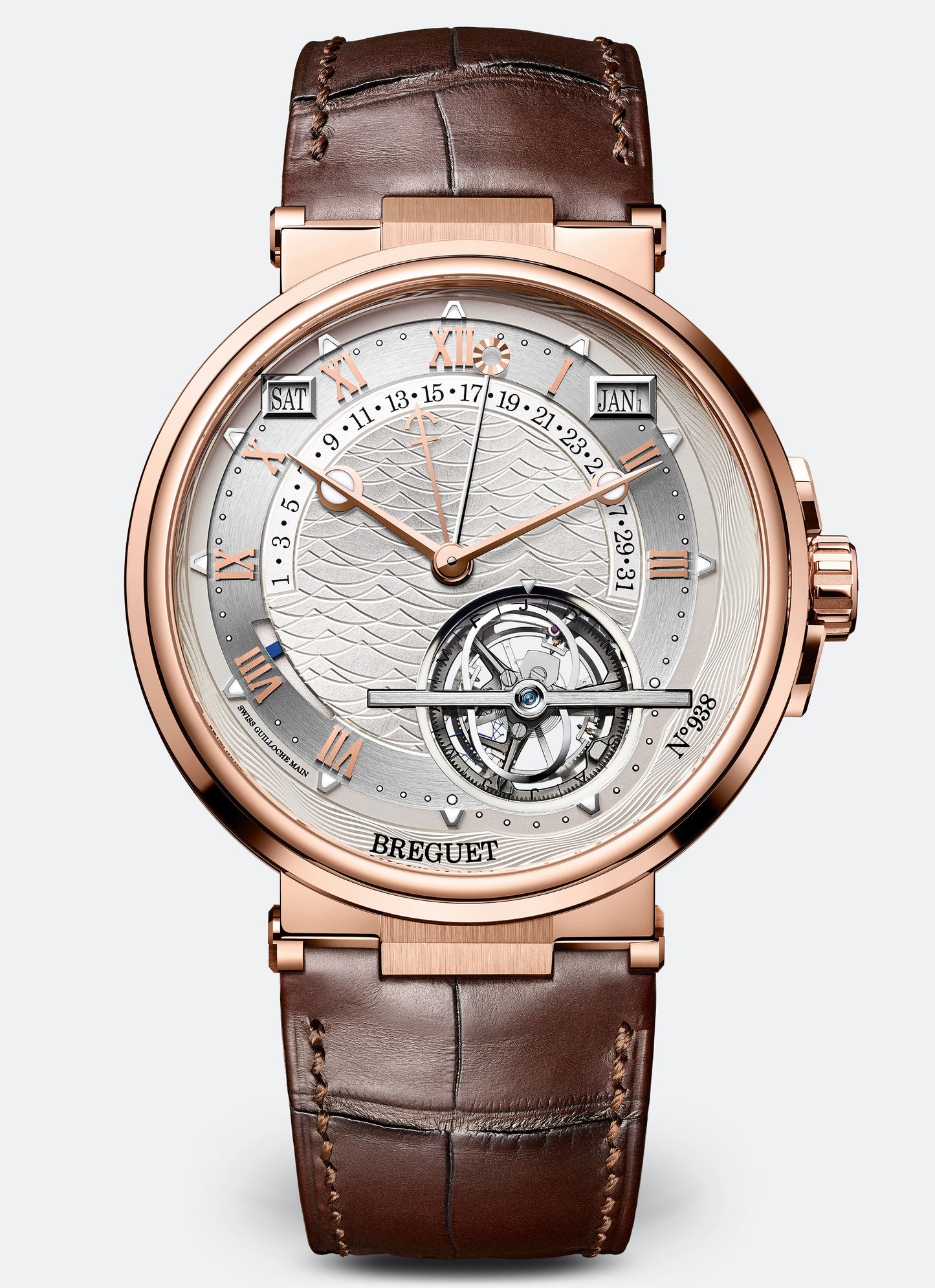 Breguet Marine 43.9 mm Silver Dial 18k Rose Gold Brown Leather Strap 5887BR/12/9WV