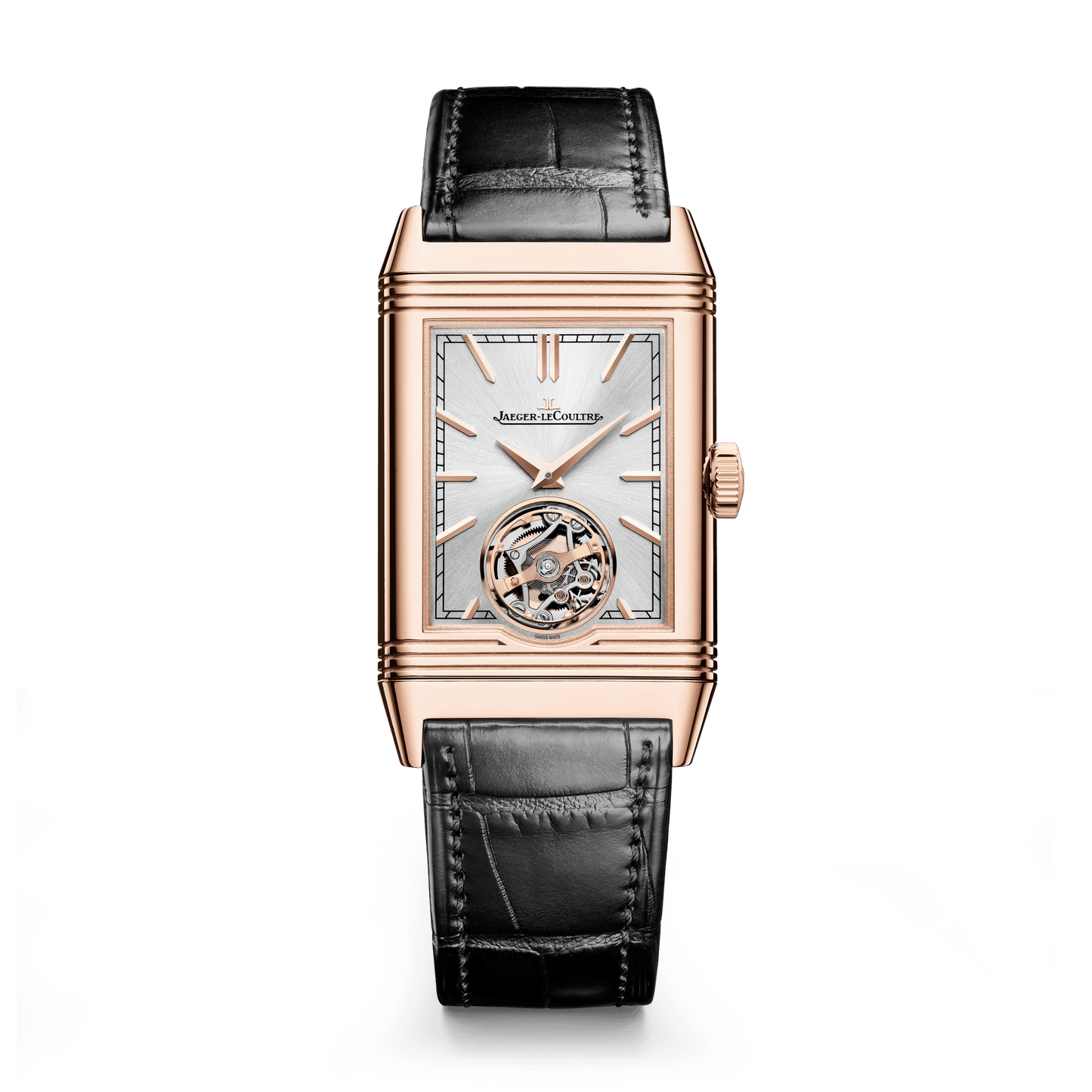 Jaeger-LeCoultre Reverso Tribute Duoface Tourbillon 45.5 x 27.4 mm Silvered Grey Dial Pink Gold Alligator Leather Strap Q392242J