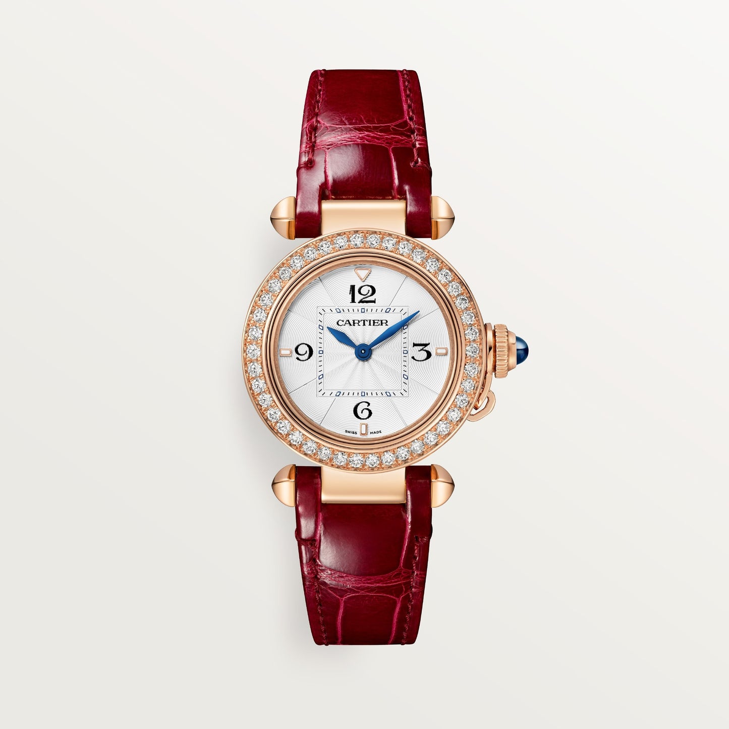 Cartier Pasha 30 mm 18k Rose Gold Opaline Silver Dial Red Alligator Leather Strap WJPA0017