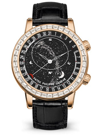 Patek Philippe Geneve Grand Complications 44 mm Black Dial with Diamonds 18k Rose Gold Alligator Leather Strap 6104R-001