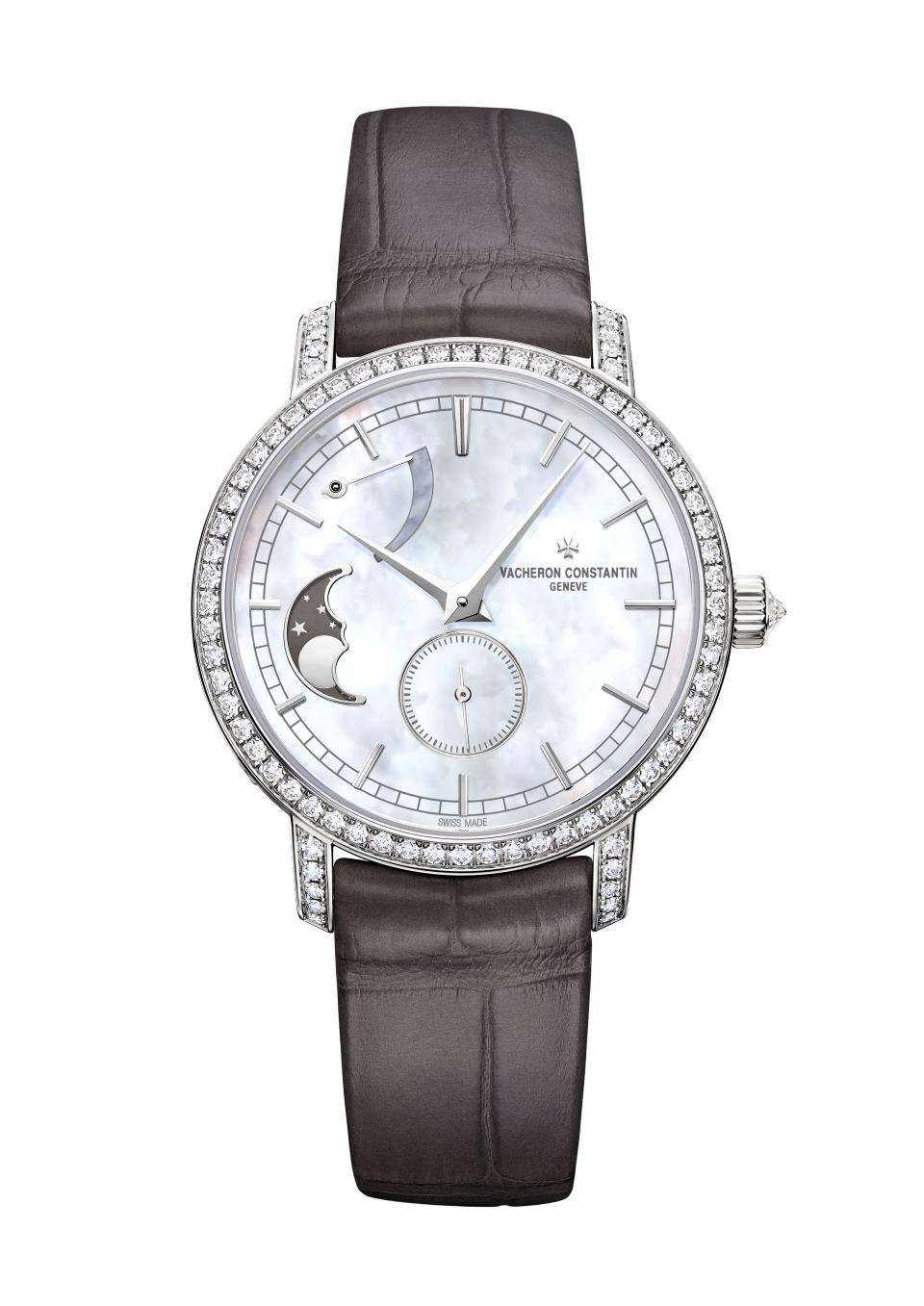 Vacheron Constantin Traditionnelle moon phase 36 mm White Mother-Of-Pearl Dial with Diamonds White Gold Alligator Leather Strap 83570/000G-9916