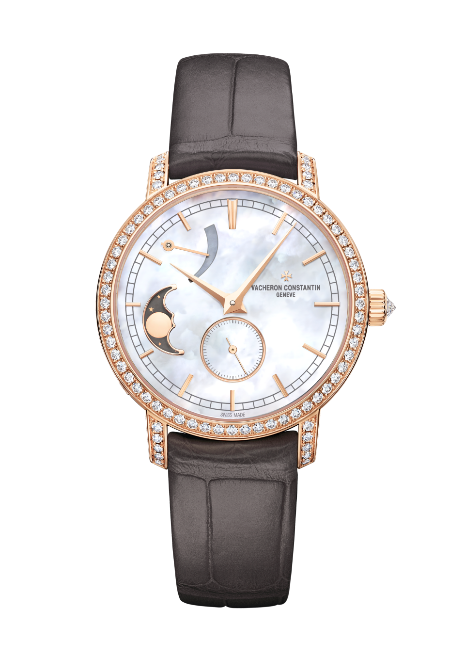 Vacheron Constantin Traditionnelle moon phase 36 mm White Mother-Of-Pearl Dial with Diamonds 18K Pink Gold Alligator Leather Strap 83570/000R-9915