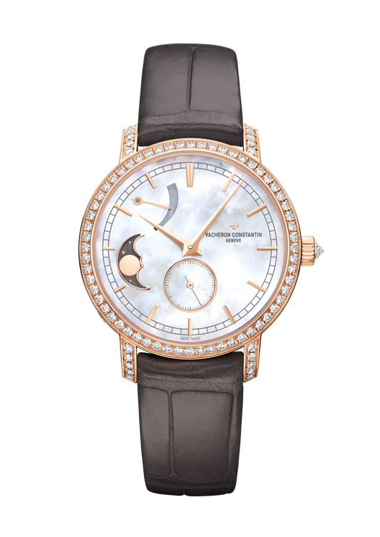 Vacheron Constantin Traditionnelle moon phase 36 mm White Mother-Of-Pearl Dial with Diamonds 18K Pink Gold Alligator Leather Strap 83570/000R-9915