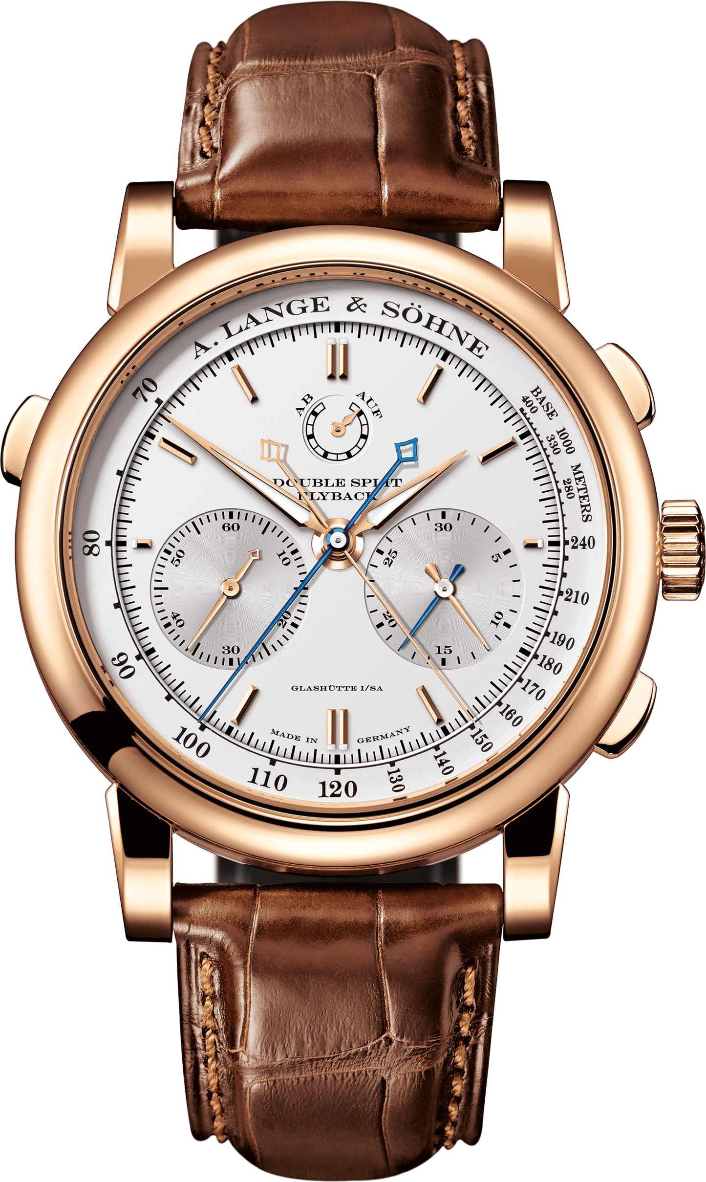 Alange-Soehne DOUBLE SPLIT 43 mm Silver Dial 18-Carat Pink Gold Alligator Leather Strap 404.032 / LSLS4044AD