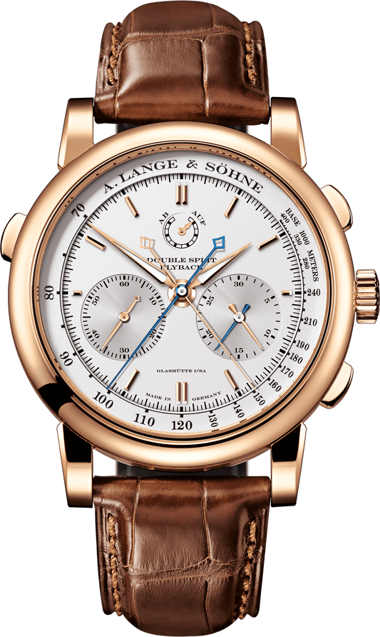 Alange-Soehne DOUBLE SPLIT 43 mm Silver Dial 18-Carat Pink Gold Alligator Leather Strap 404.032 / LSLS4044AD