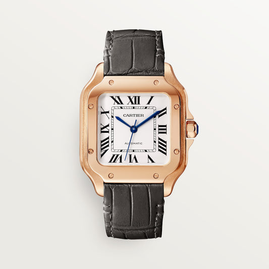 Cartier Santos Medium Opaline Silver Dial 18k Rose Gold Calfskin strap WGSA0028