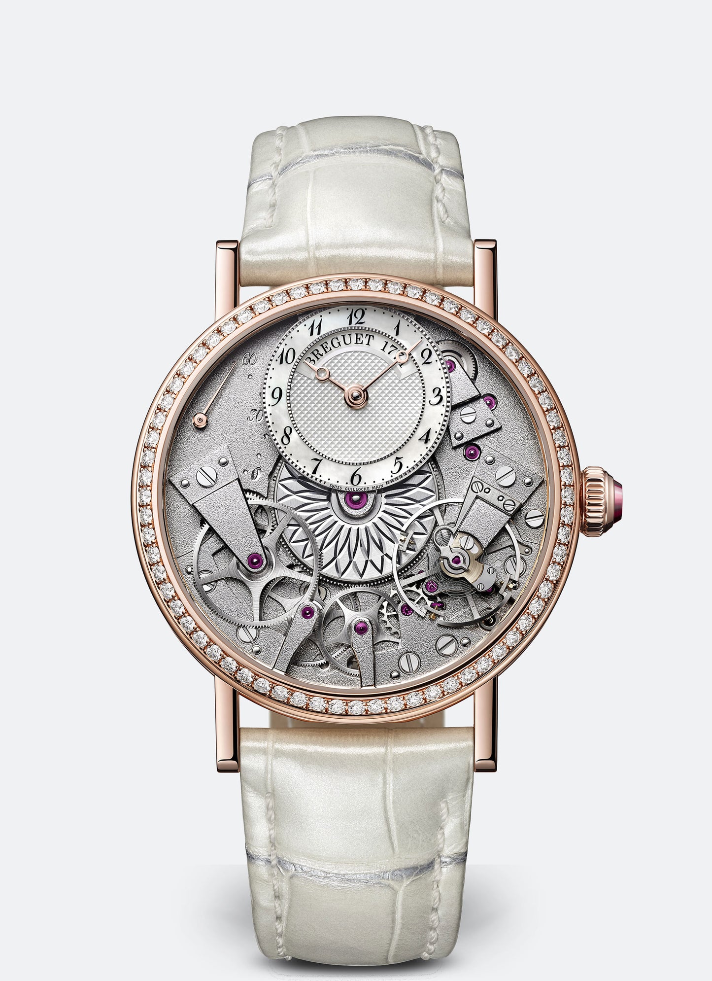 Breguet Tradition 37 mm White Mother-Of-Pearl Dial 18k Rose Gold White Leather Strap 7038BR/18/9V6/D00D