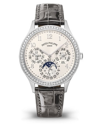 Patek Philippe Geneve Grand Complications 35.1 mm Silver Dial with Diamonds White Gold Alligator Leather Strap 7140G-001