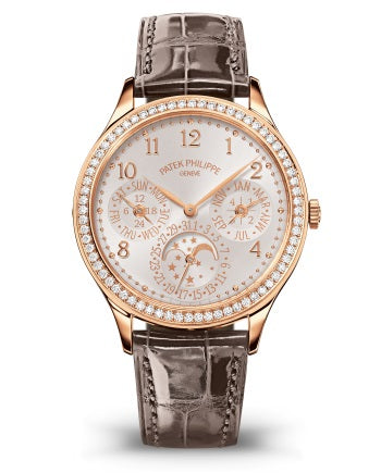 Patek Philippe Geneve Grand Complications 35.1 mm Silver Dial with Diamonds 18k Rose Gold Alligator Leather Strap 7140R-001