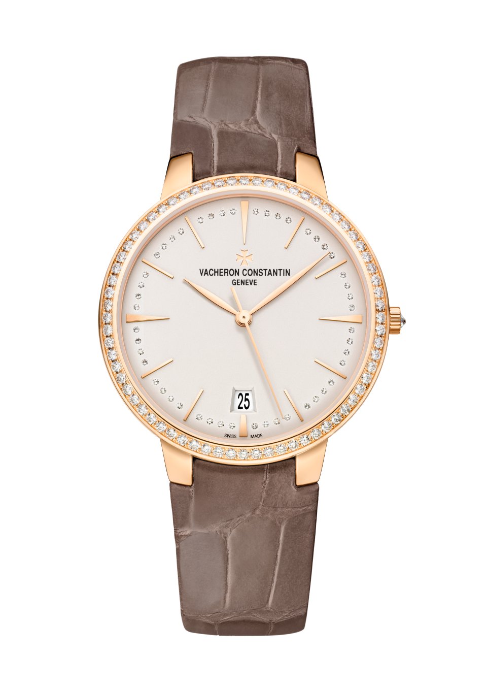 Vacheron Constantin Patrimony self-winding 36.5 mm Silver Dial with Diamonds 18K Pink Gold Alligator Leather Strap 85515/000R-9840