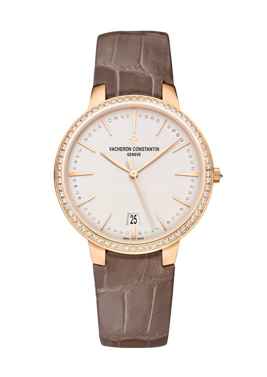 Vacheron Constantin Patrimony self-winding 36.5 mm Silver Dial with Diamonds 18K Pink Gold Alligator Leather Strap 85515/000R-9840