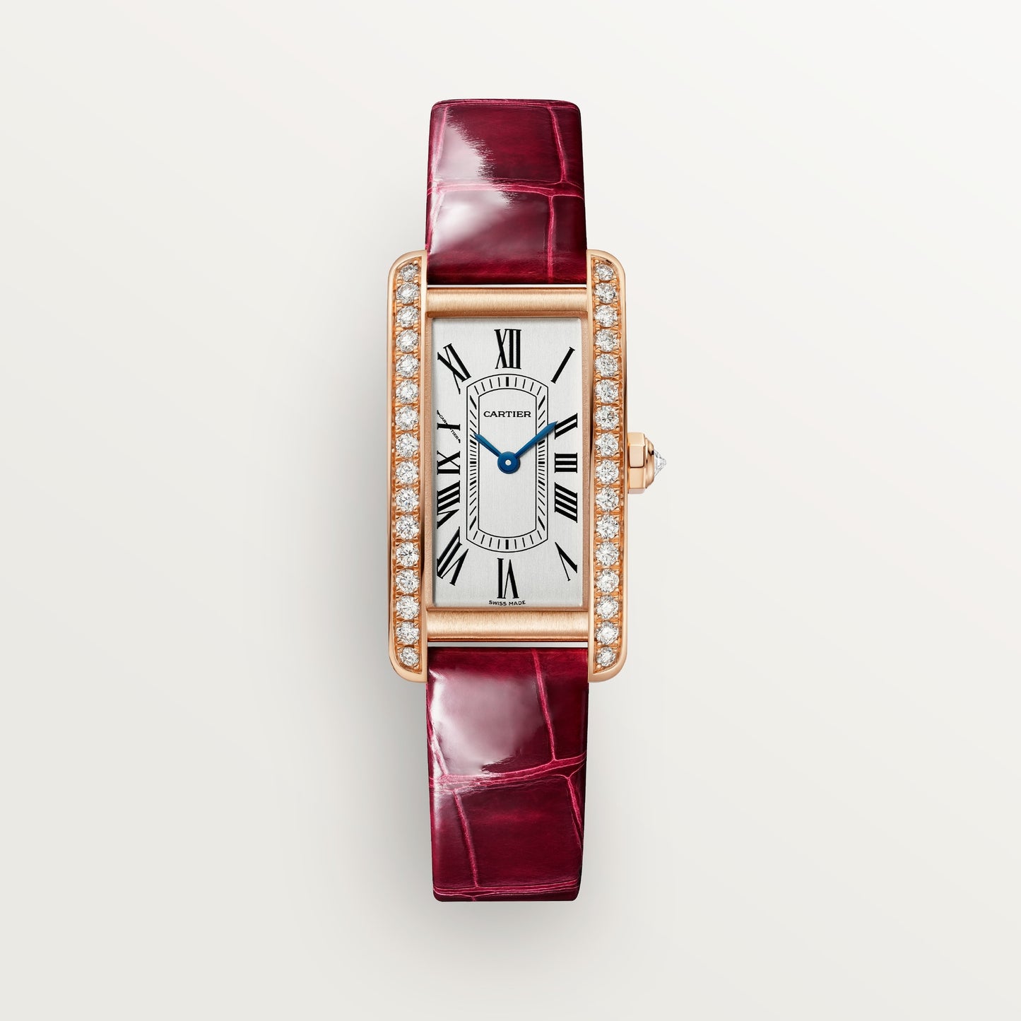 Cartier Tank Américaine Small 18k Rose Gold Silver Dial Shiny Red Alligator Skin Strap WJTA0042