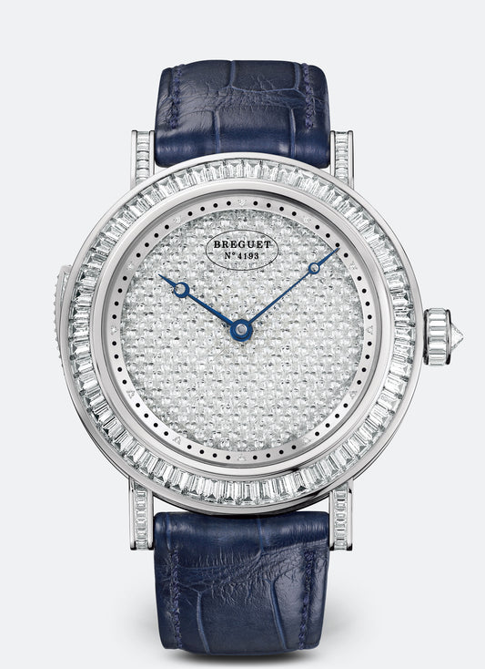 Breguet Classique 44.50 mm Diamond Paved Dial White Gold Dark Blue Leather Strap 7639BB/6D/9XV/DD0D