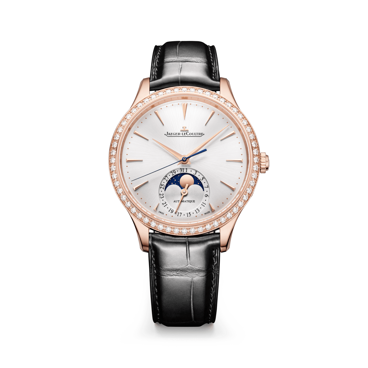 Jaeger-LeCoultre Master Ultra Thin Moon 36 mm Silver Dial with Diamonds Pink Gold Alligator Leather Strap Q1242502