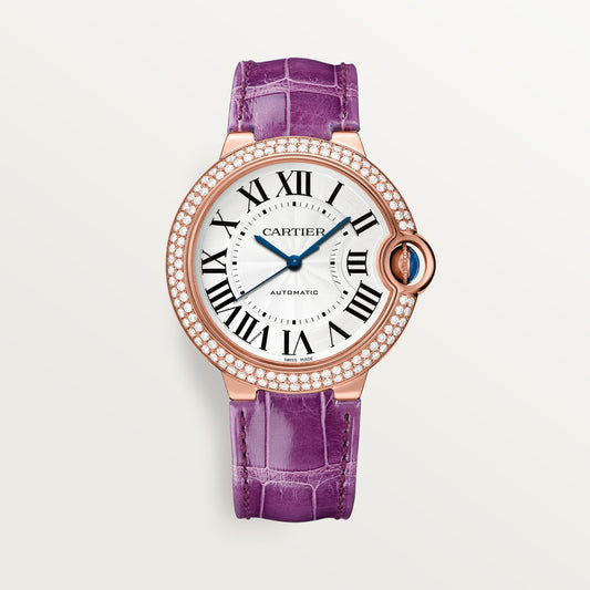 Cartier Ballon Bleu 36 mm Rose Gold Silver Dial Purple Alligator Leather Strap WJBB0050