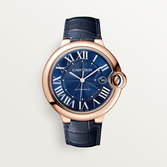 Cartier Ballon Bleu 42 mm 18k Rose Gold Blue Dial Navy Blue Alligator Leather Strap WGBB0036