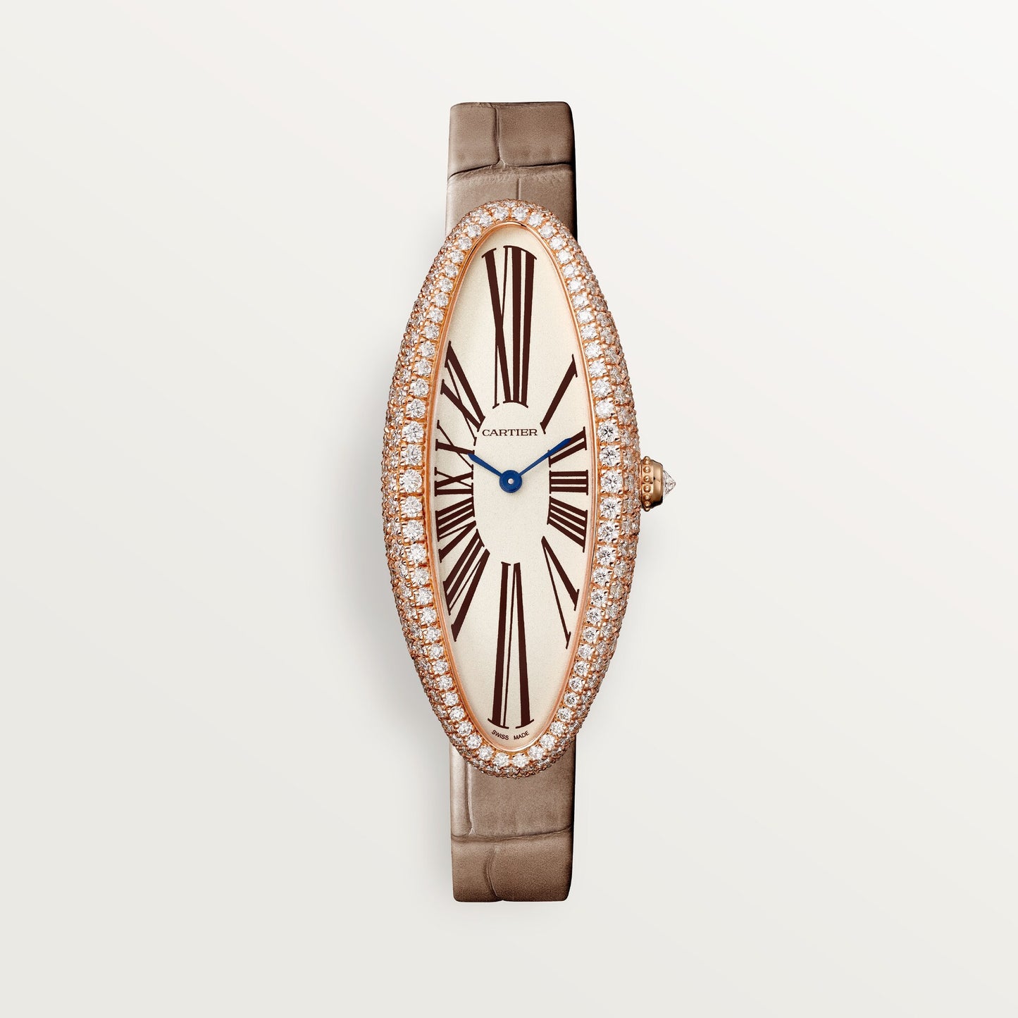 Cartier Baignoire Allongée Medium 18k Rose Gold Silver Dial Taupe Alligator Leather WJBA0006