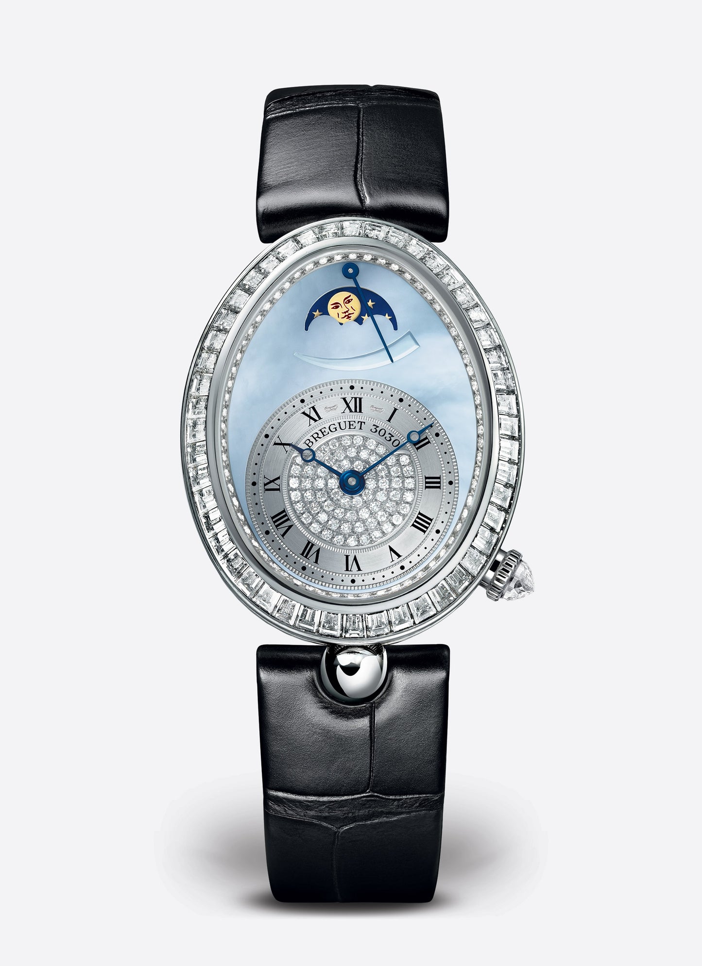 Breguet Reine 38.50 x 30.45 mm Blue Natural Mother-Of-Pearl Dial with Diamonds White Gold Black Leather Strap 8909BB/VD/964/D00D3L