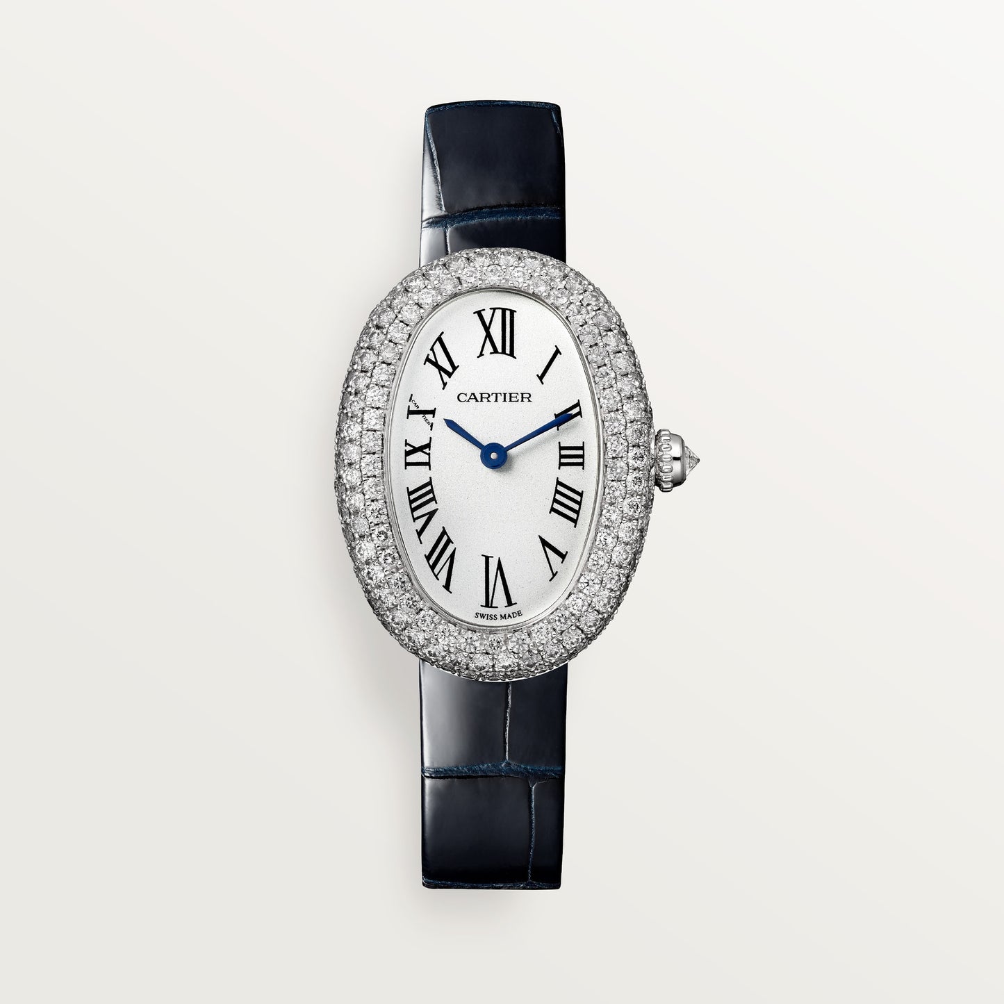 Cartier Baignoire Small 18k White Gold Silver Dial Navy Blue Alligator Leather WJBA0015